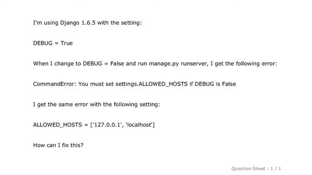 Django : CommandError: You must set settings.ALLOWED_HOSTS if DEBUG is False смотреть онлайн